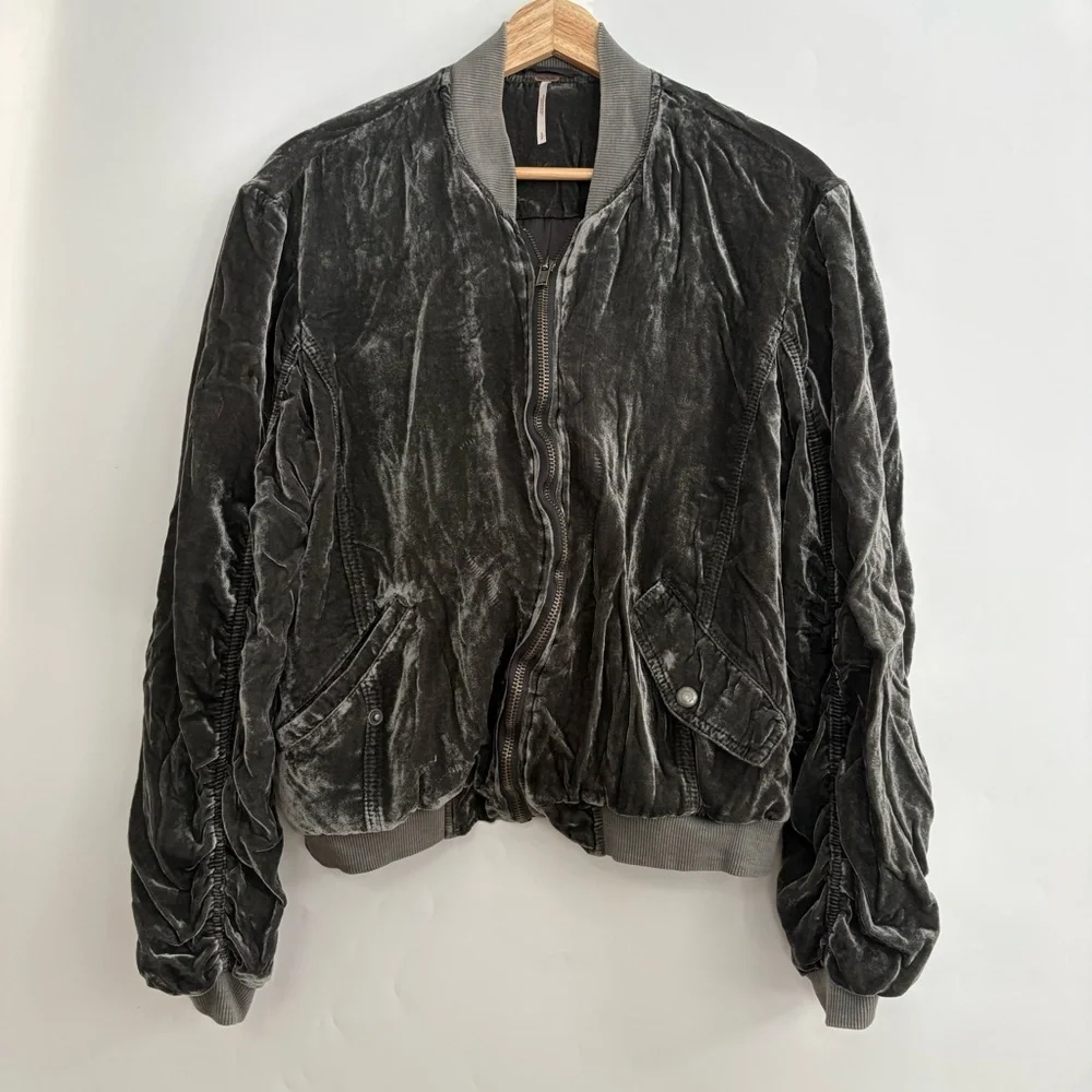 Free People Gray Ruched Velvet Bomber Jacket - Picture 3 of 7